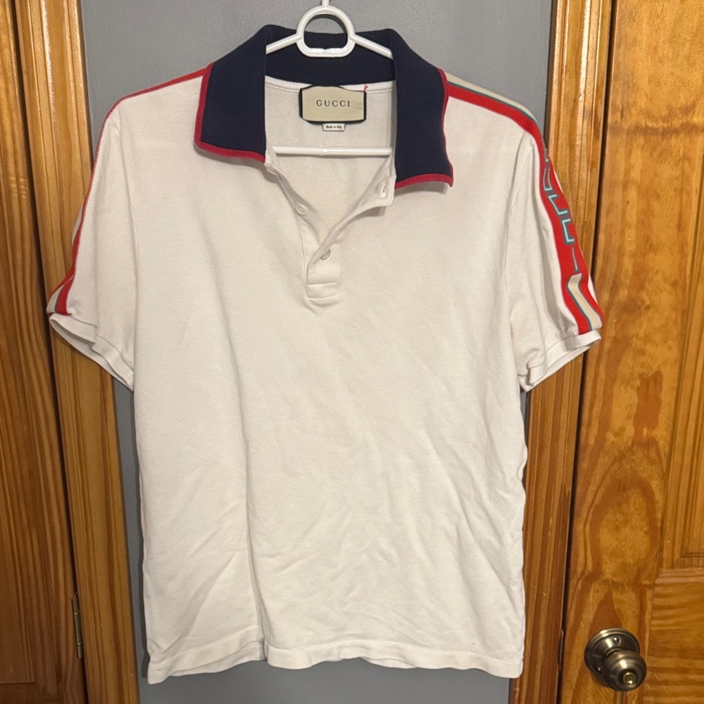 Gucci Men's Polo Shirt in White with Red and Blue Details
